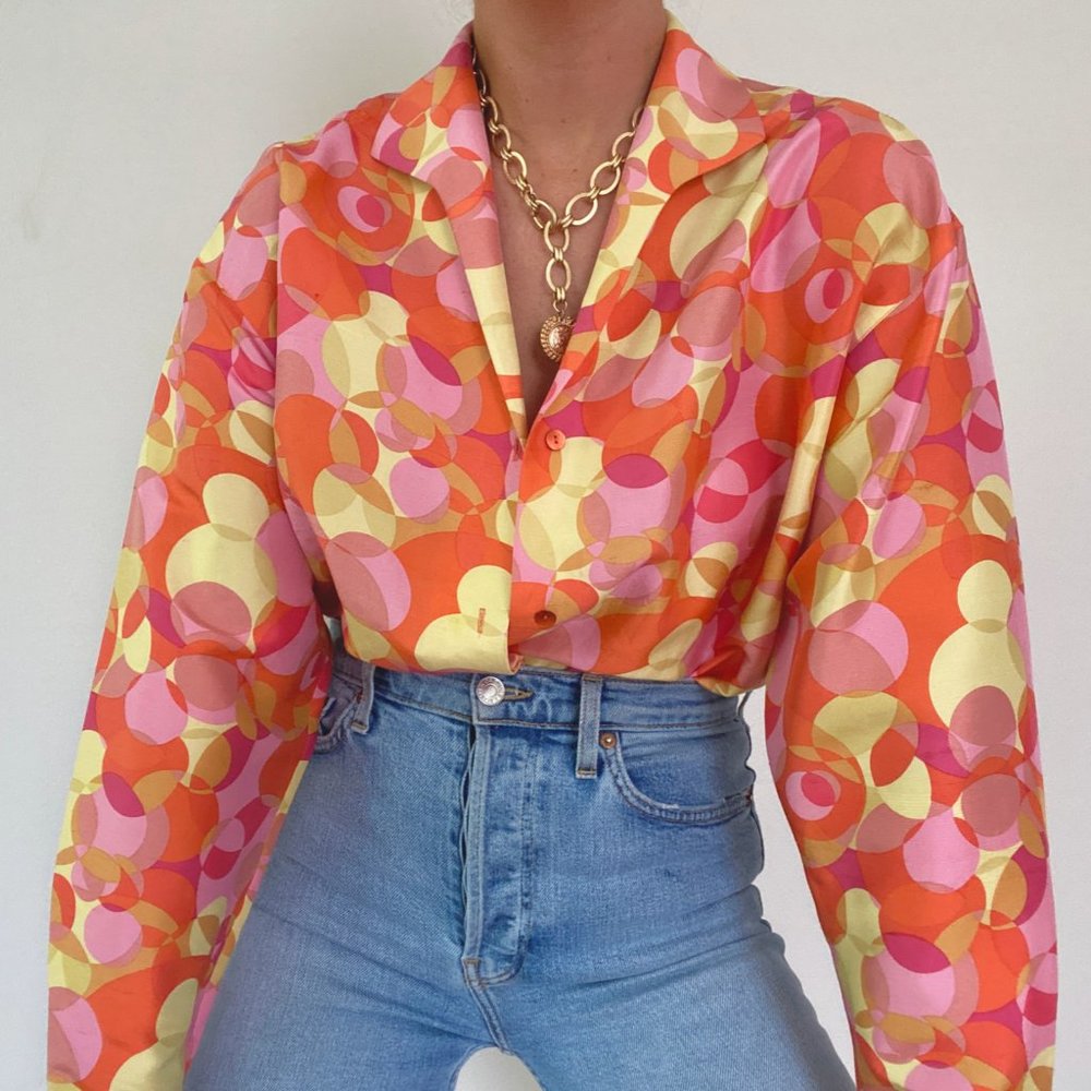 Vintage Silk Bright Geo Top Pink, Orange, Yellow - Picture 6 of 8